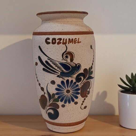 SIGNED Gardiel Vintage Mexico Cozumel Stoneware Bird Butterfly Vase - Picture 14 of 14